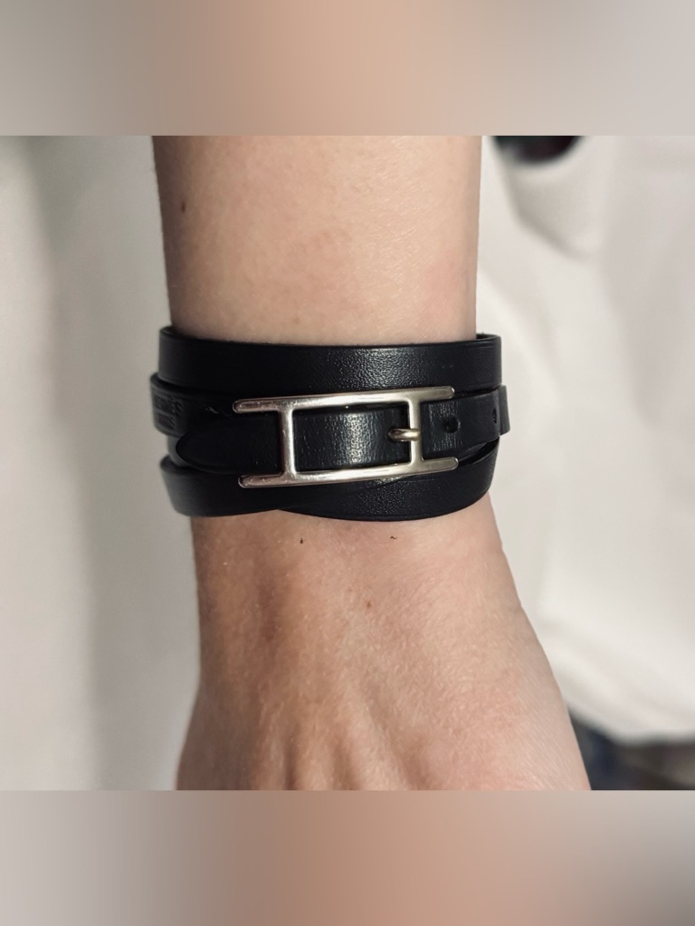 Hermès AUTHENTIC Silver & Black Leather Behapi Api Double Tour Bracelet - Picture 3 of 16